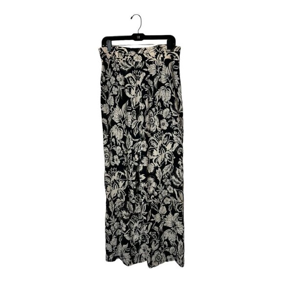 Zara Pants Women Large Black Ivory Floral Print Slightly Sheer Wide Leg Boho - Picture 2 of 12